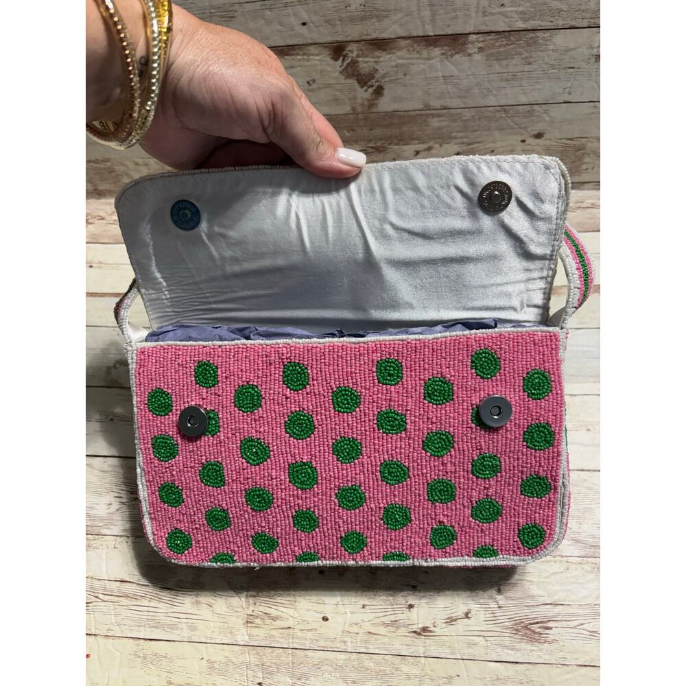 Cosmic Dots Beaded Bag Shoulder Polka Dot Stripes India Pink Green White NWT - Picture 4 of 6